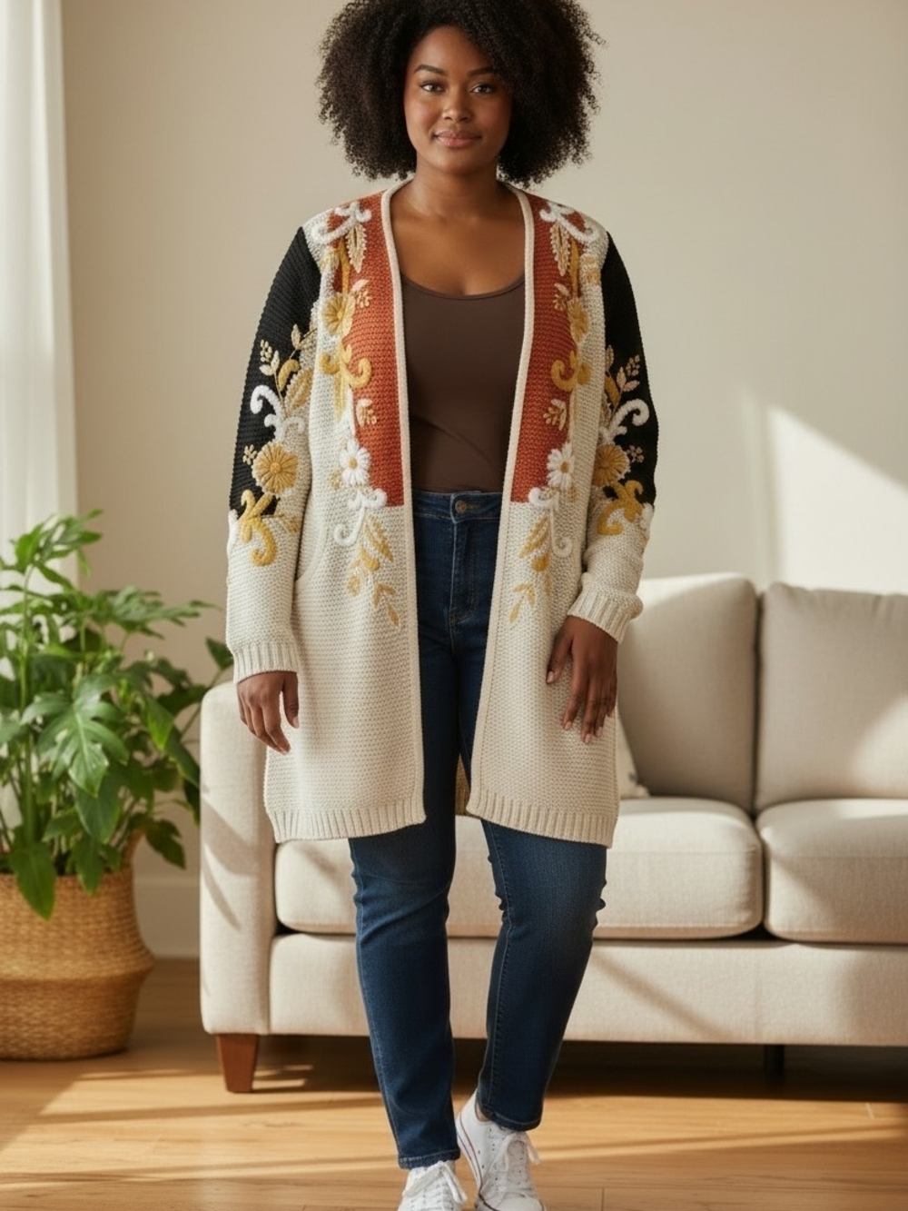 Soft Surroundings Embroidered Open-Front Cardigan Sweater - Cream Multi Size 1X